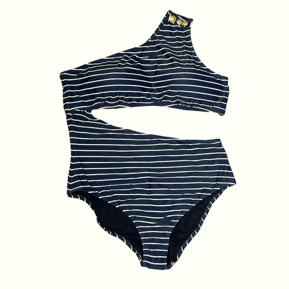 J. Crew Cutout one-piece full-coverage swimsuit with buttons in navy stripe NEW - Picture 2 of 5